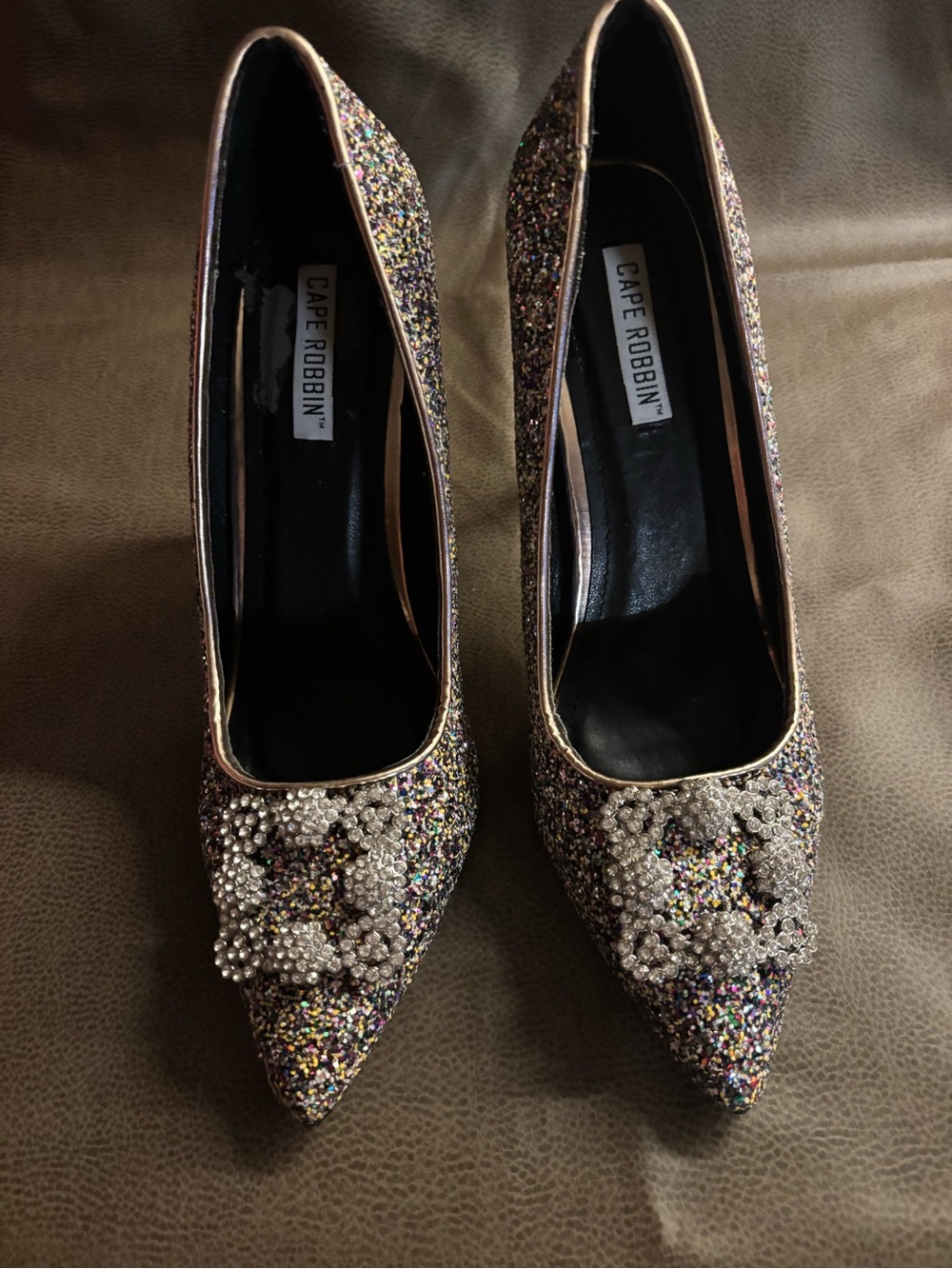 Cape Robbin Glitter Multicolor Pointed Toe Heels with Crystal Buckle